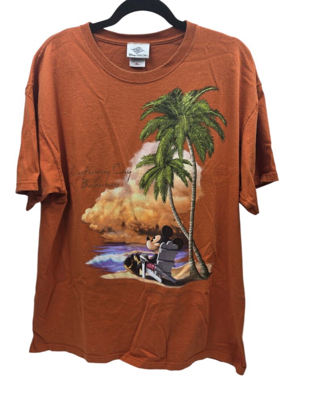 Disney Cruise Lines Bahamas Castaway Cay Mickey on Beach Orange Men's XL Shirt